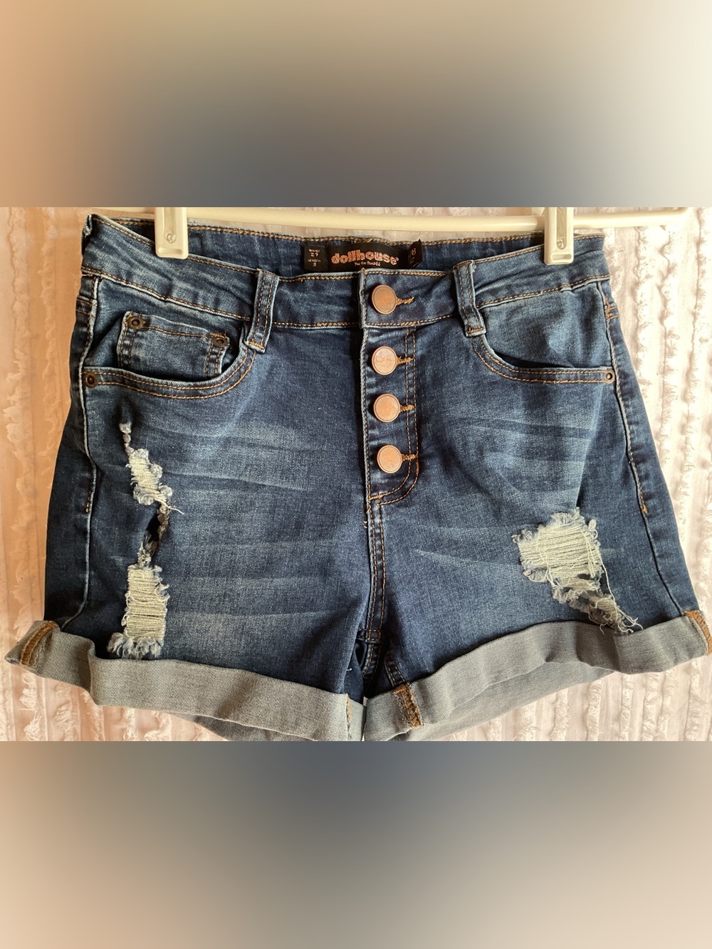 dollhouse Women's Distressed Dark Blue Denim Booty Shorts 5/6